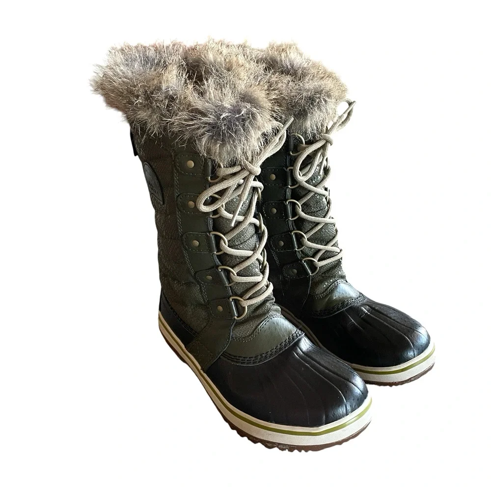 SOREL Size 4/EU 35 Green Lace-Up Faux Fur Waterproof Duck Boots Youth LY1890-213